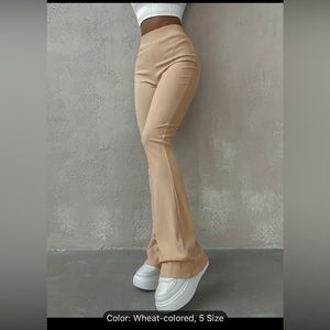 Solid Ribbed Flare Leg Pants, High Waist Slim Elastic Pants